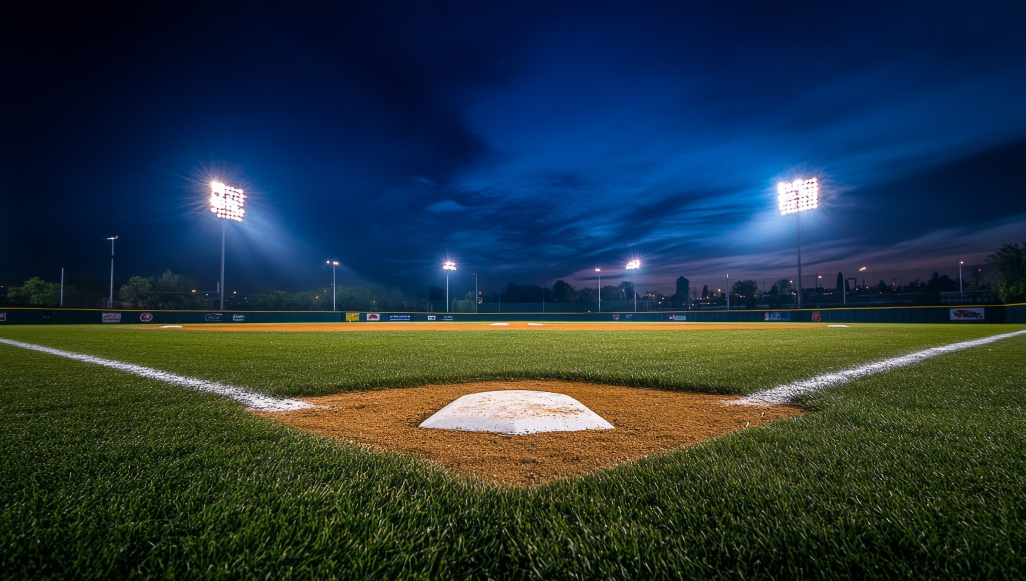 Baseball field under lights at night